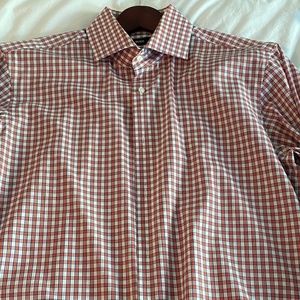 Hugo Boss Sharp Fit Dress Shirt Size 16.5 Spread Collar Orange Blue White Check
